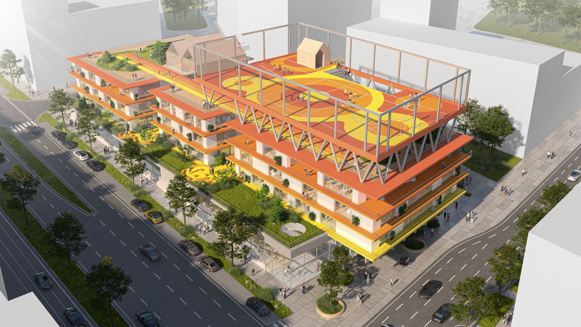 Söhne&Partner Architekten, AHS Otto-Preminger-Straße, buntes Schulgebäude mit Sportplatz am Dach