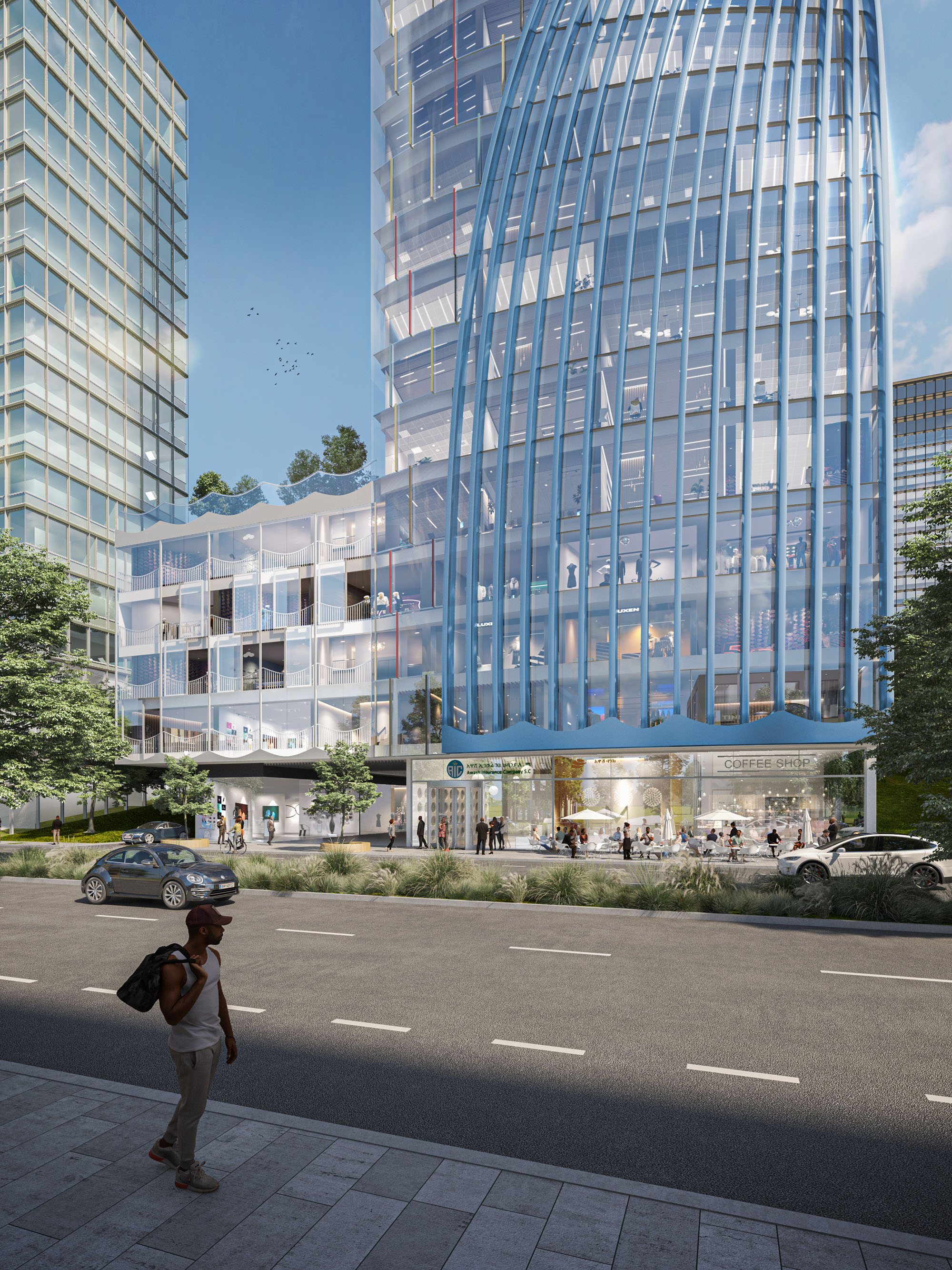 Söhne & Partner Architekten, Awash Insurance Company, Fußgänger vor blauer verglaster Fassade 